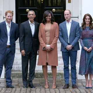 Prince William, Duke of Cambridge and Catherine, Duchess of Cambridge greet US President Barack Obama and First Lady Michelle Obama as they dine at Kensington Palace on April 22, 2016 in London, England.