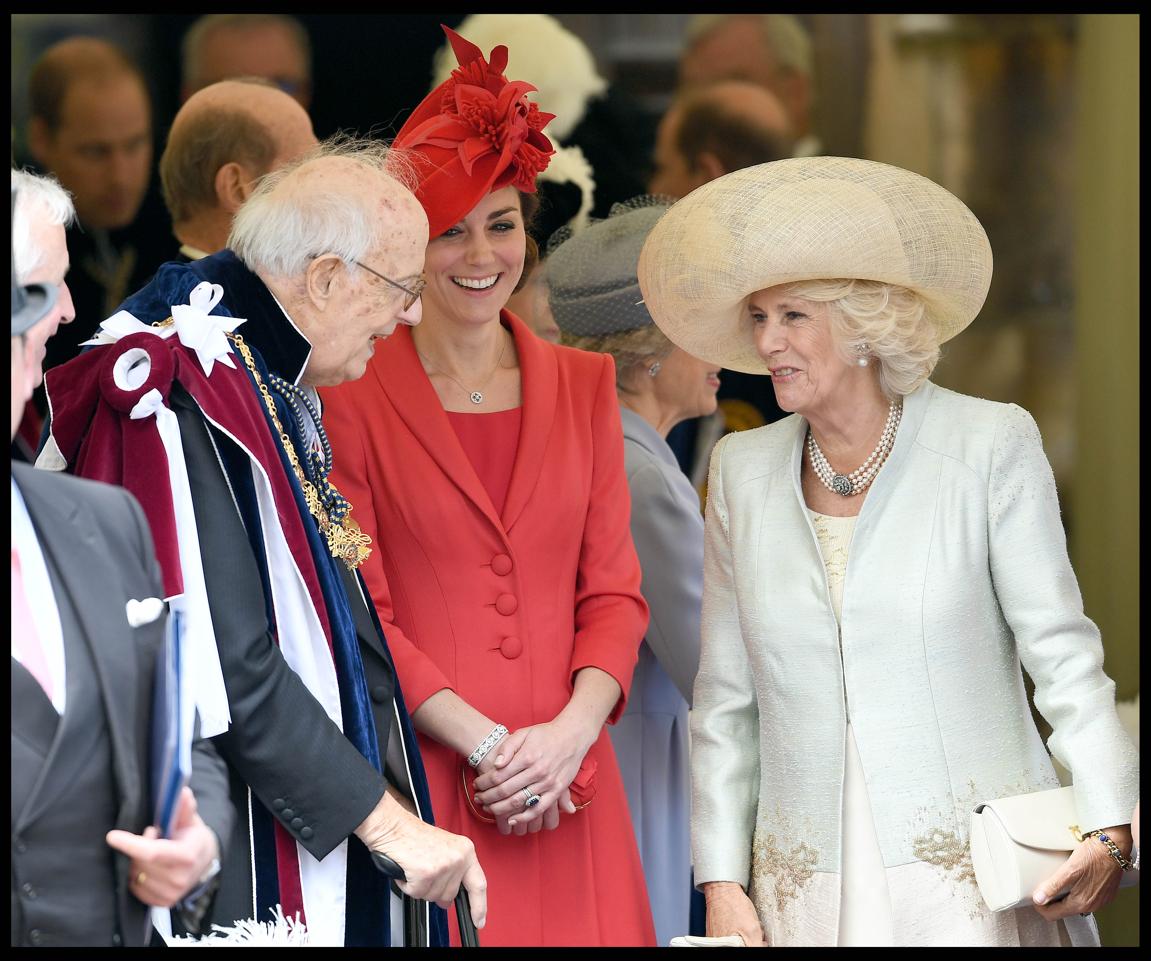 Image ©Licensed to i-Images Picture Agency. 13/06/2016. London, United Kingdom. Order of the Garter service. Duchess of Cambridge and the Duchess of Cornwall talk to Lord Ashburton as they join HM The Queen Elizabeth II and the Duke of Edinburgh joined by other members of the Royal Family attend Order of the Garter service at Windsor Castle. Picture by Andrew Parsons / i-Images
